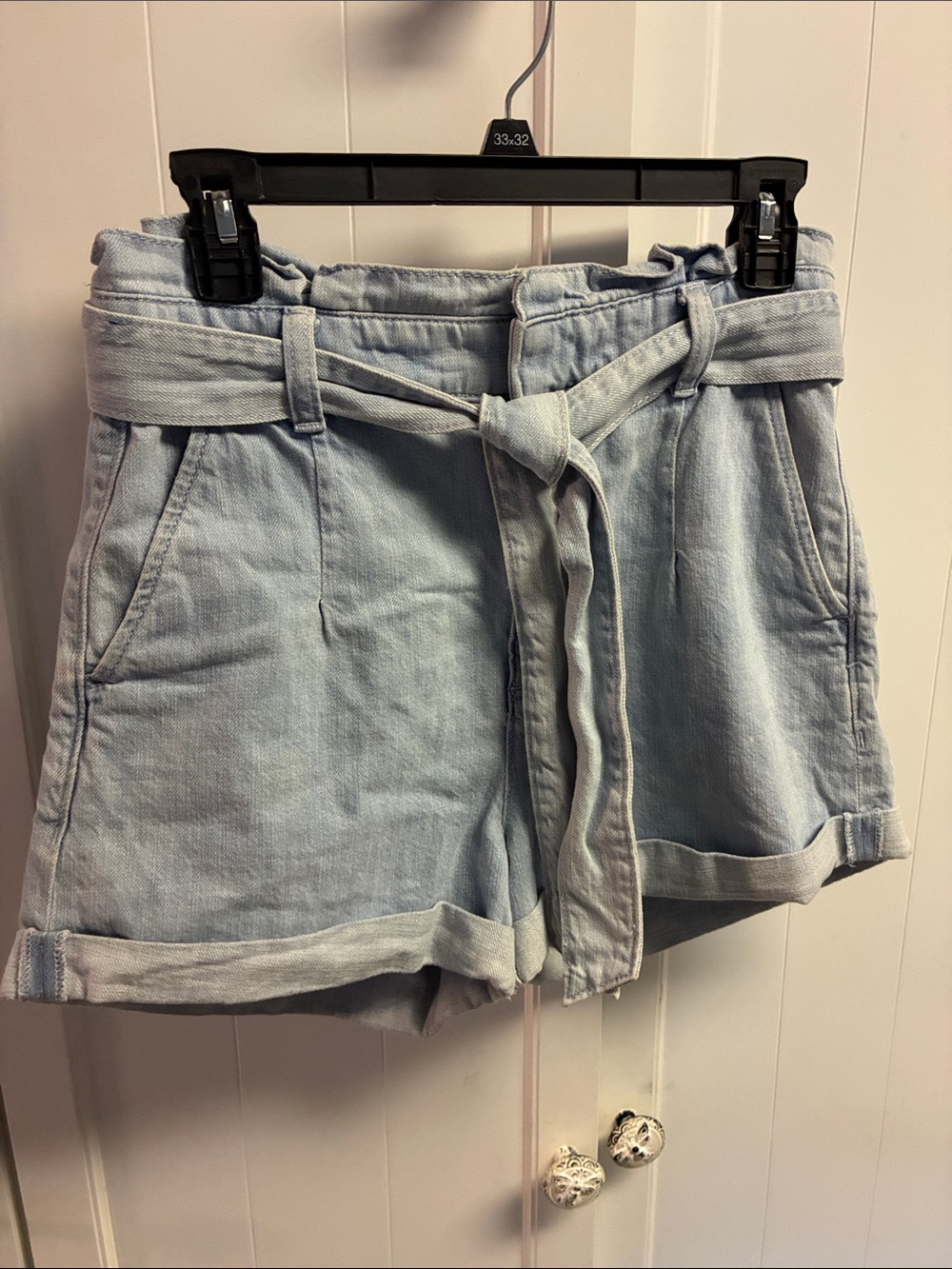 Express Light Blue Paperbag High- Waist Tie Denim Shorts - Women